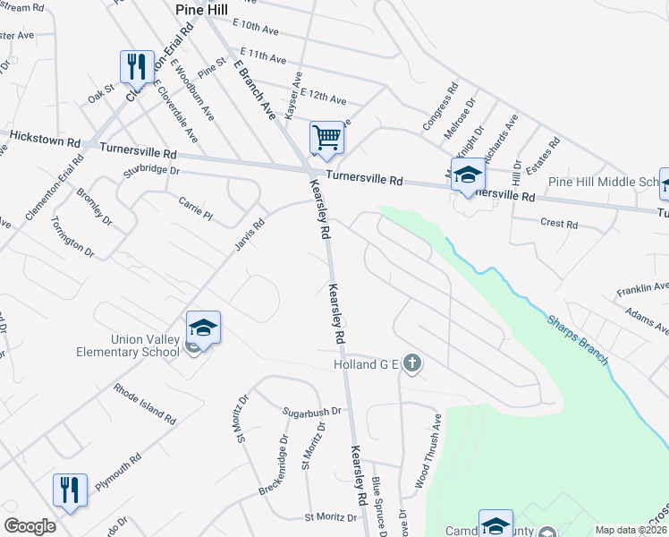 map of restaurants, bars, coffee shops, grocery stores, and more near 1524 Kearsley Road in Sicklerville