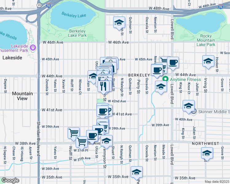 map of restaurants, bars, coffee shops, grocery stores, and more near 4250 Stuart Street in Denver