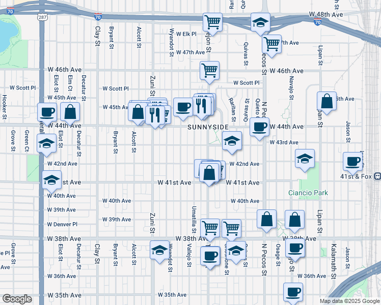 map of restaurants, bars, coffee shops, grocery stores, and more near 4300 15th Street in Denver