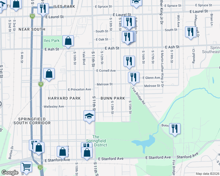 map of restaurants, bars, coffee shops, grocery stores, and more near 2312 South 13th Street in Springfield