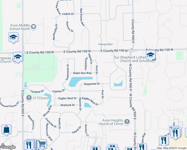 map of restaurants, bars, coffee shops, grocery stores, and more near 8623 Robin Run Way in Avon