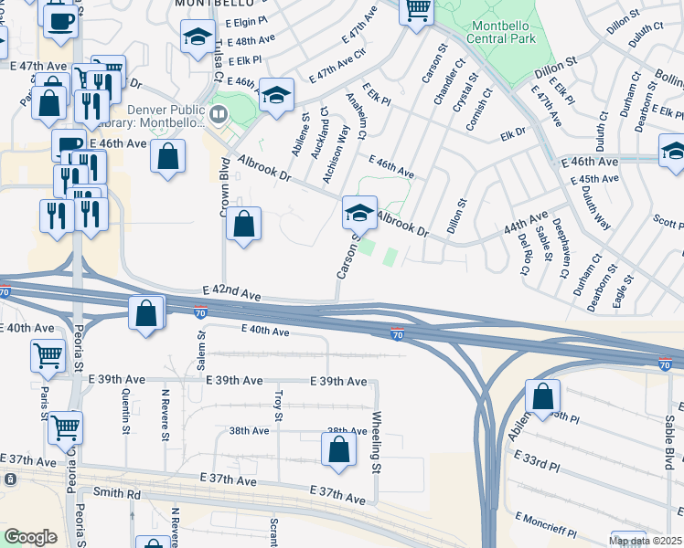 map of restaurants, bars, coffee shops, grocery stores, and more near 4255 Carson St in Denver