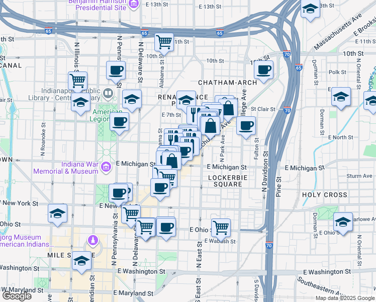 map of restaurants, bars, coffee shops, grocery stores, and more near 416 East North Street in Indianapolis