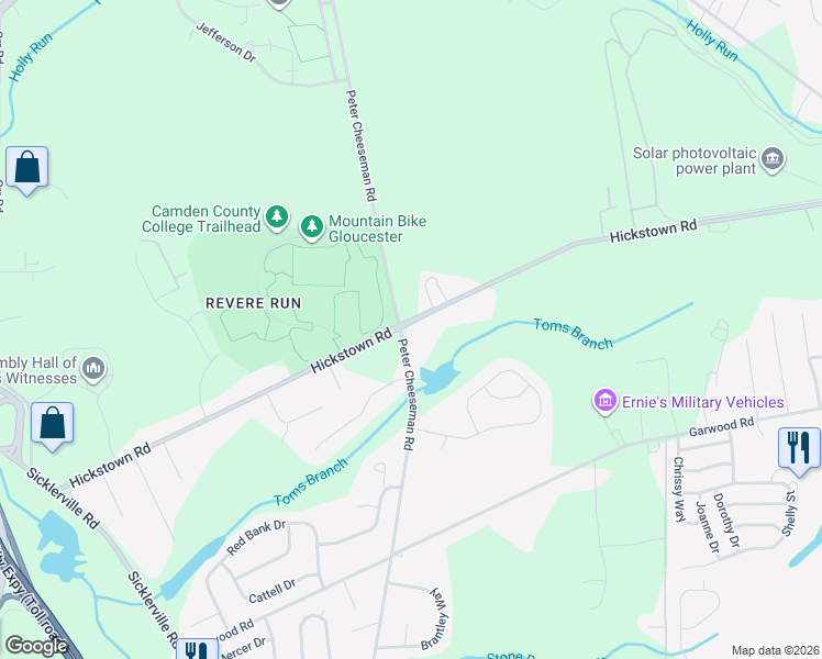 map of restaurants, bars, coffee shops, grocery stores, and more near 509 Hickstown Road in Sicklerville