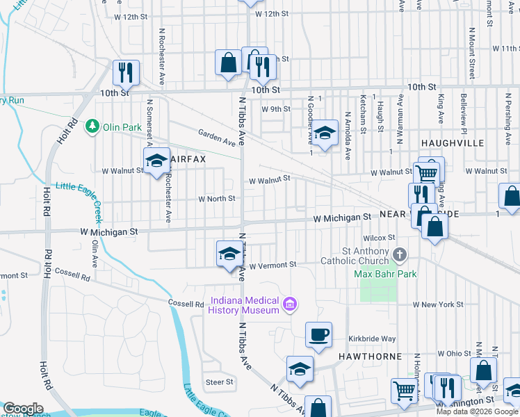 map of restaurants, bars, coffee shops, grocery stores, and more near 615D Tibbs Court in Indianapolis
