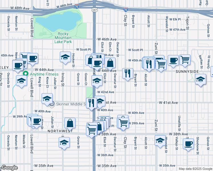 map of restaurants, bars, coffee shops, grocery stores, and more near 4236 Eliot Street in Denver