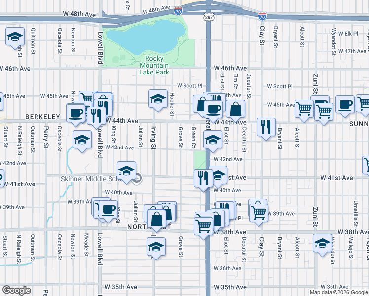 map of restaurants, bars, coffee shops, grocery stores, and more near 4228 Grove Street in Denver