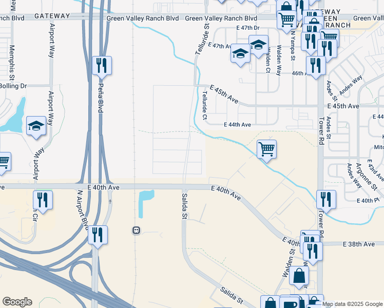 map of restaurants, bars, coffee shops, grocery stores, and more near Telluride Street in Denver