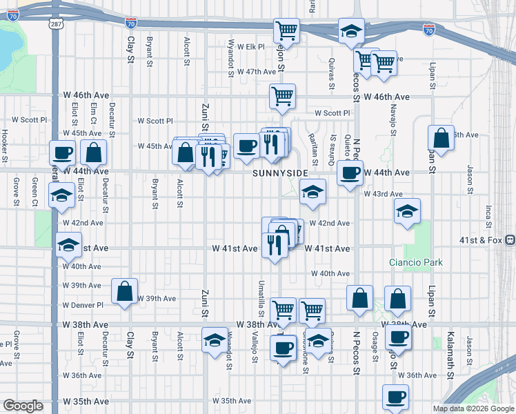 map of restaurants, bars, coffee shops, grocery stores, and more near 4300 15th Street in Denver