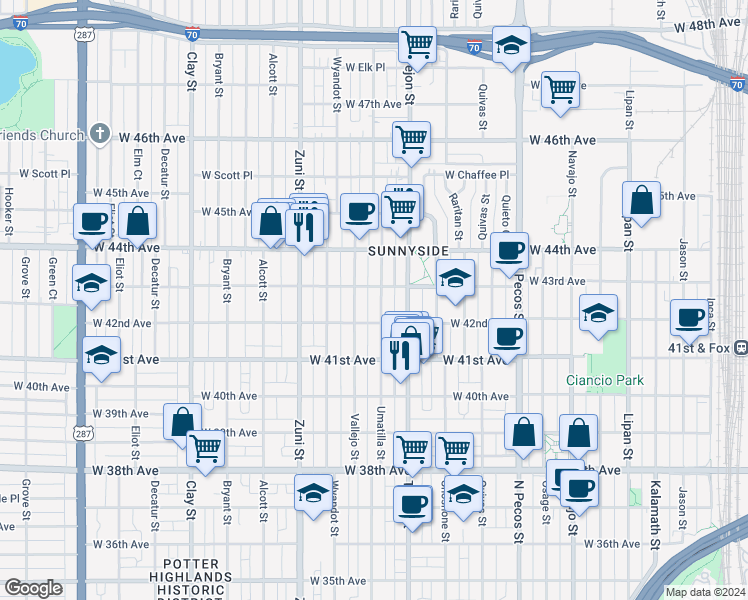 map of restaurants, bars, coffee shops, grocery stores, and more near 4300 15th Street in Denver