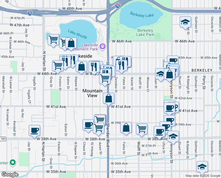 map of restaurants, bars, coffee shops, grocery stores, and more near 4343 Zenobia Street in Denver