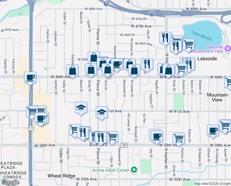 map of restaurants, bars, coffee shops, grocery stores, and more near 4330 Newland Street in Wheat Ridge