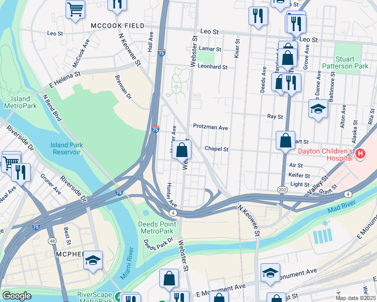 map of restaurants, bars, coffee shops, grocery stores, and more near in Dayton