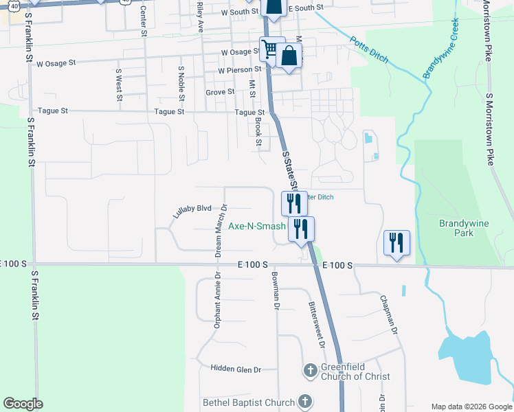 map of restaurants, bars, coffee shops, grocery stores, and more near 157 Longfellow Lane in Greenfield