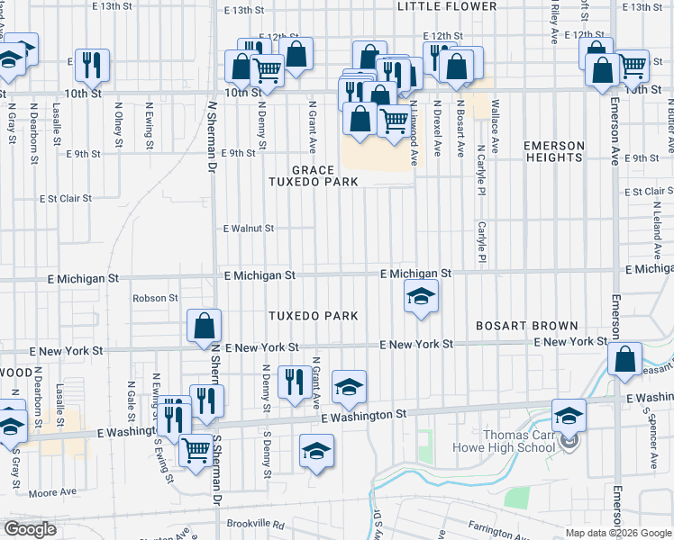 map of restaurants, bars, coffee shops, grocery stores, and more near 521 North Grant Avenue in Indianapolis