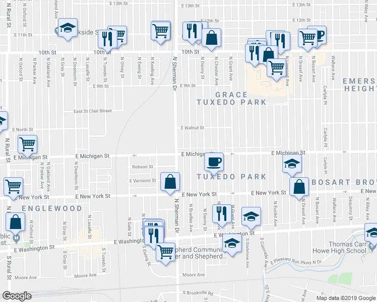 map of restaurants, bars, coffee shops, grocery stores, and more near 528 North Bradley Avenue in Indianapolis