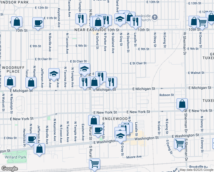 map of restaurants, bars, coffee shops, grocery stores, and more near 534 North Oakland Avenue in Indianapolis