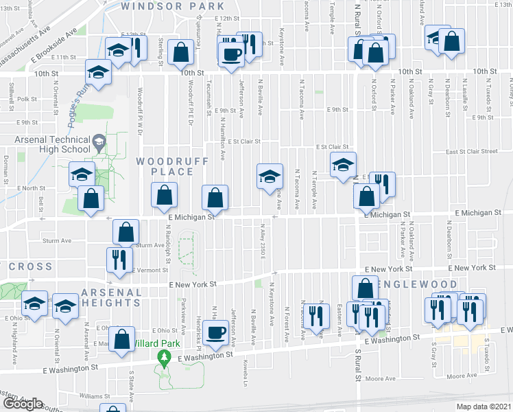 map of restaurants, bars, coffee shops, grocery stores, and more near 536 North Beville Avenue in Indianapolis