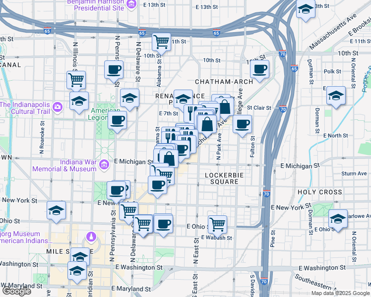 map of restaurants, bars, coffee shops, grocery stores, and more near 416 East North Street in Indianapolis