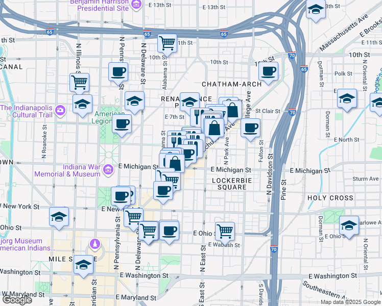 map of restaurants, bars, coffee shops, grocery stores, and more near 416 East North Street in Indianapolis
