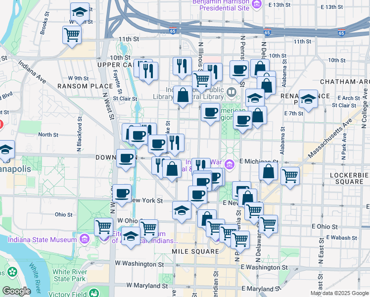 map of restaurants, bars, coffee shops, grocery stores, and more near in Indianapolis
