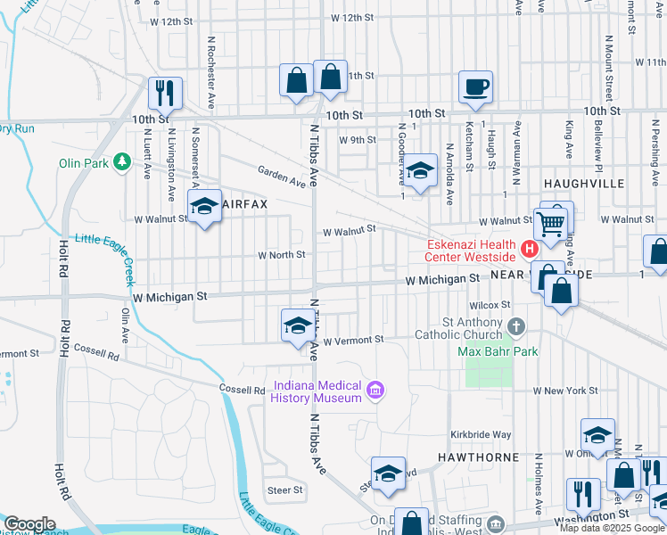 map of restaurants, bars, coffee shops, grocery stores, and more near 615D Tibbs Court in Indianapolis