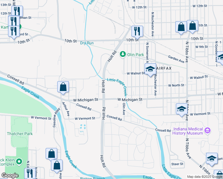 map of restaurants, bars, coffee shops, grocery stores, and more near 501-641 North Holt Road in Indianapolis