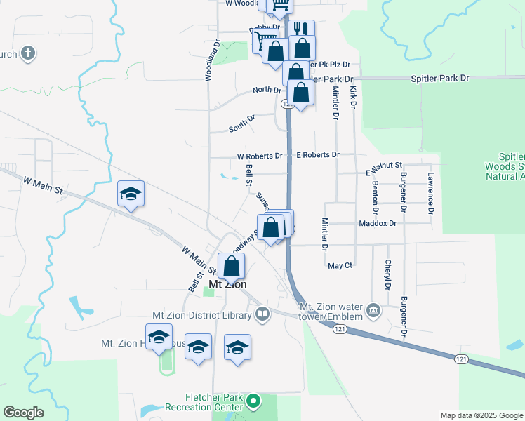 map of restaurants, bars, coffee shops, grocery stores, and more near 505 Sunset Dr in Mt Zion