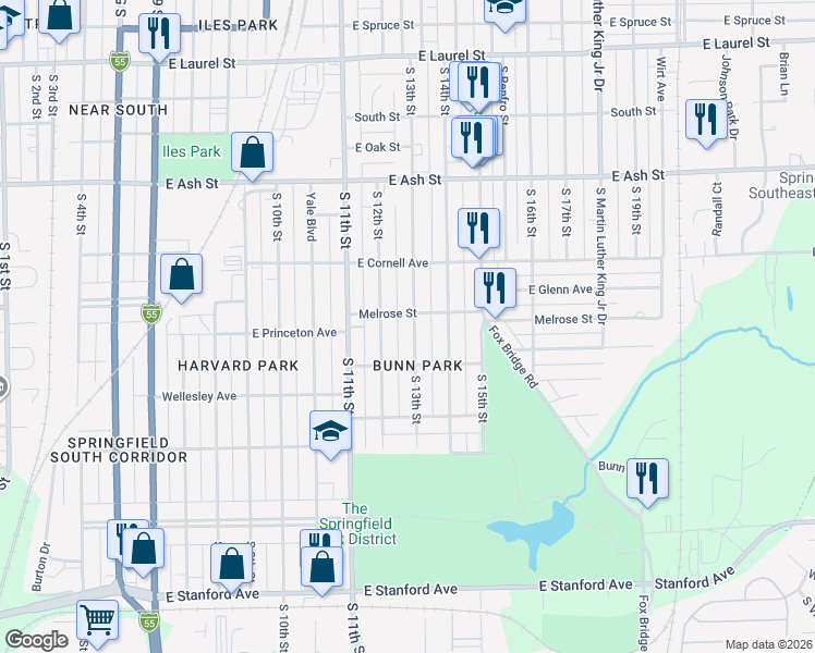 map of restaurants, bars, coffee shops, grocery stores, and more near 2312 South 13th Street in Springfield