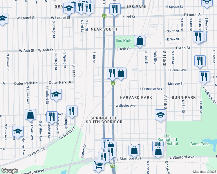 map of restaurants, bars, coffee shops, grocery stores, and more near 524 Broad Place in Springfield