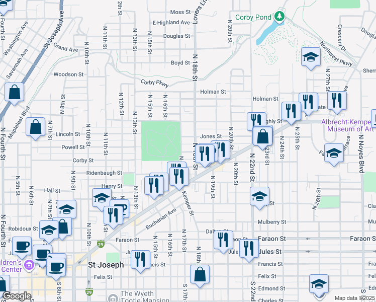 map of restaurants, bars, coffee shops, grocery stores, and more near 1023 North 18th Street in Saint Joseph