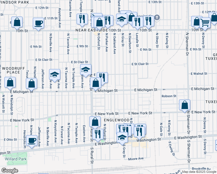 map of restaurants, bars, coffee shops, grocery stores, and more near 534 North Oakland Avenue in Indianapolis