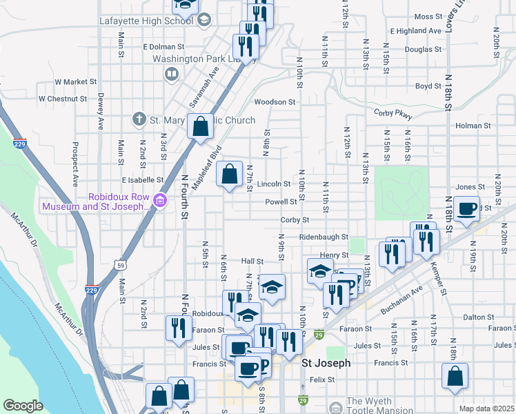 map of restaurants, bars, coffee shops, grocery stores, and more near 708 Powell Street in Saint Joseph