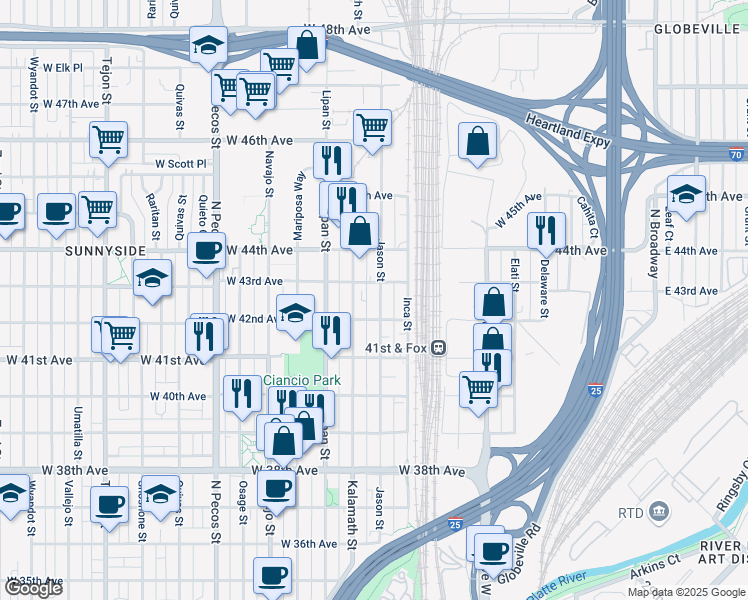 map of restaurants, bars, coffee shops, grocery stores, and more near 1055 West 43rd Avenue in Denver