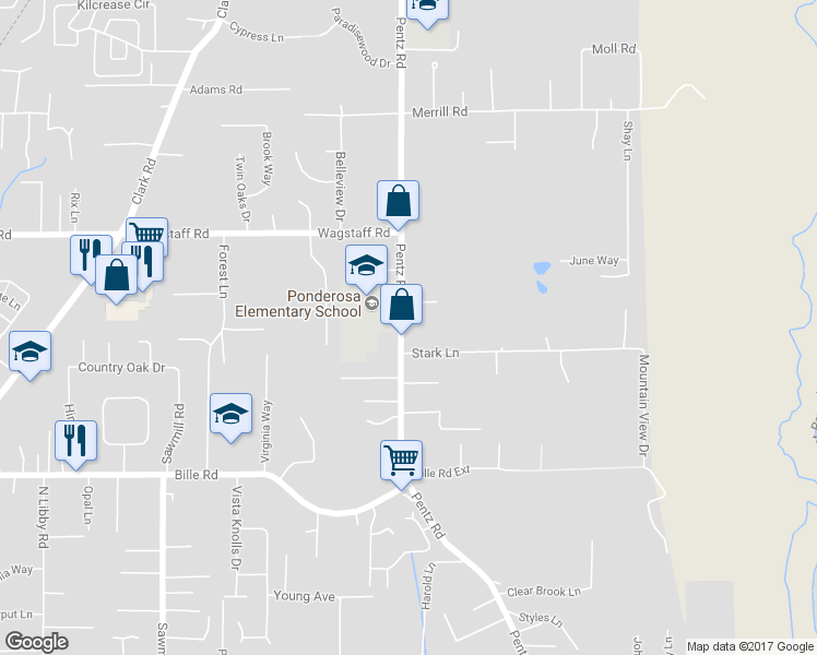 map of restaurants, bars, coffee shops, grocery stores, and more near 1732 Whitaker Road in Paradise