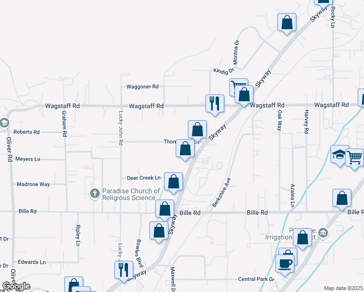 map of restaurants, bars, coffee shops, grocery stores, and more near 984 Thomasson Lane in Paradise