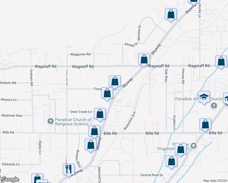 map of restaurants, bars, coffee shops, grocery stores, and more near 7967 Skyway in Paradise