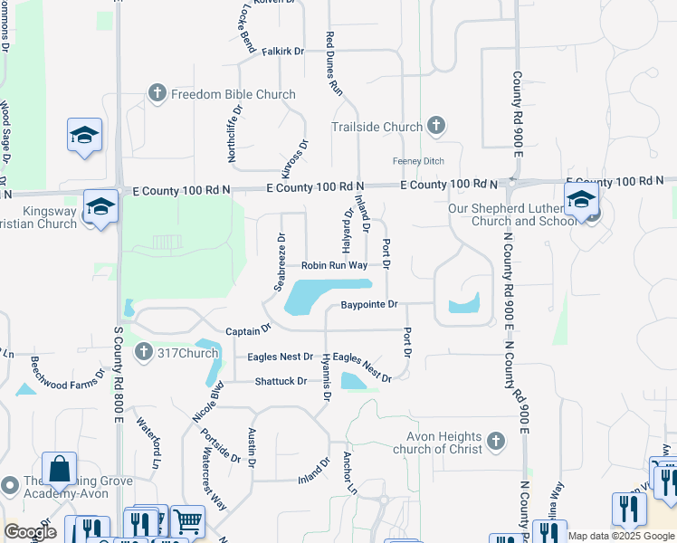 map of restaurants, bars, coffee shops, grocery stores, and more near 8547 Robin Run Way in Avon