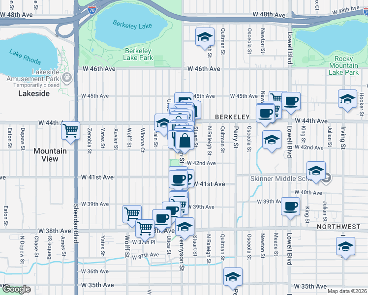 map of restaurants, bars, coffee shops, grocery stores, and more near 4301 Stuart Street in Denver