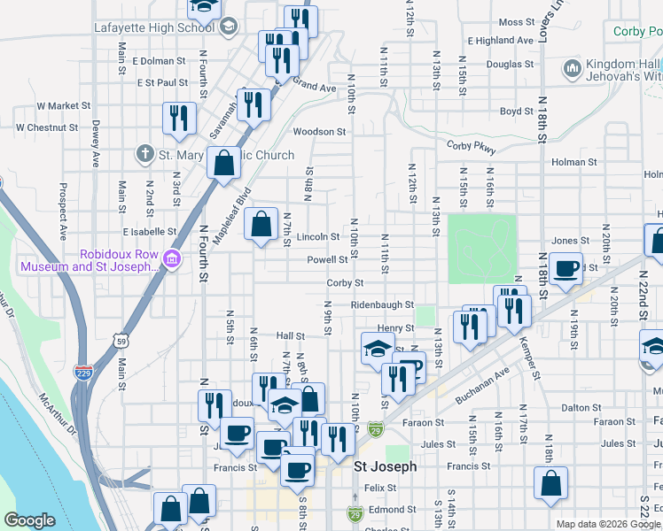 map of restaurants, bars, coffee shops, grocery stores, and more near 1104 North 9th Street in Saint Joseph