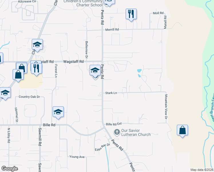 map of restaurants, bars, coffee shops, grocery stores, and more near 6584 Pentz Road in Paradise
