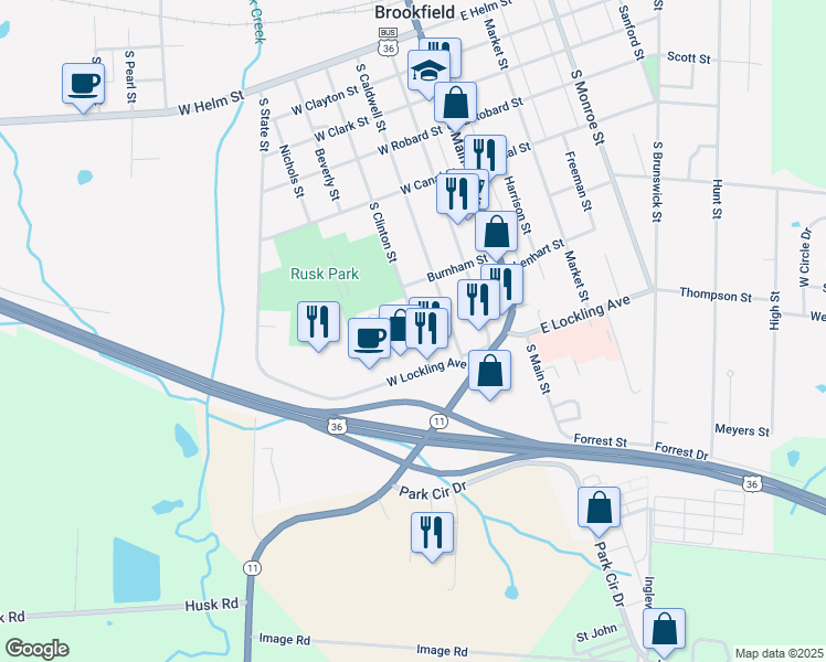map of restaurants, bars, coffee shops, grocery stores, and more near 638 South Clinton Street in Brookfield
