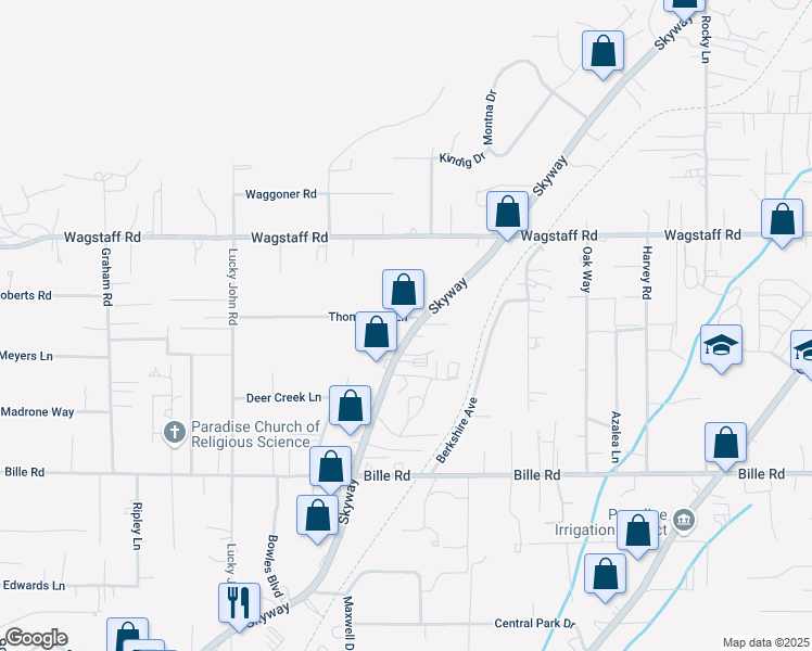 map of restaurants, bars, coffee shops, grocery stores, and more near 7967 Skyway in Paradise