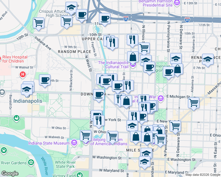 map of restaurants, bars, coffee shops, grocery stores, and more near 310 West Michigan Street in Indianapolis