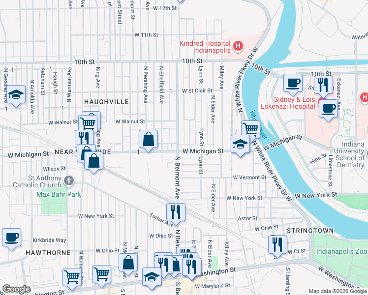 map of restaurants, bars, coffee shops, grocery stores, and more near 528 North Traub Avenue in Indianapolis