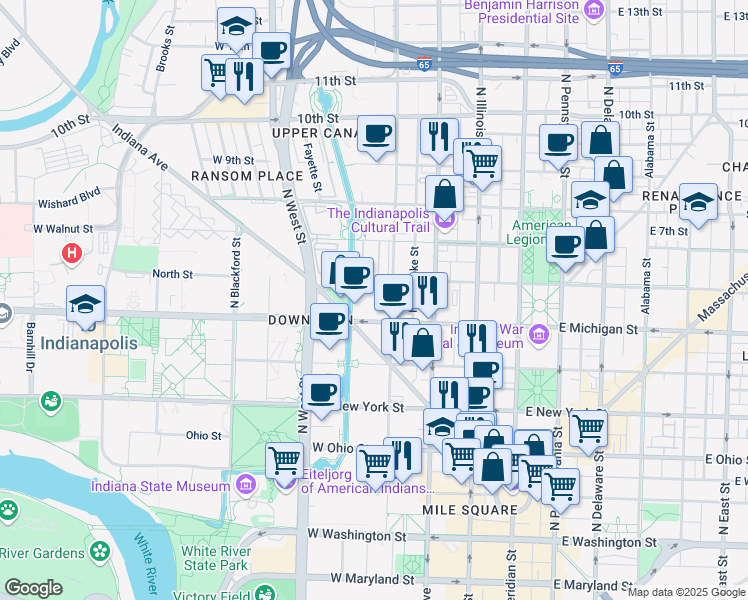 map of restaurants, bars, coffee shops, grocery stores, and more near 602 Ellsworth Street in Indianapolis