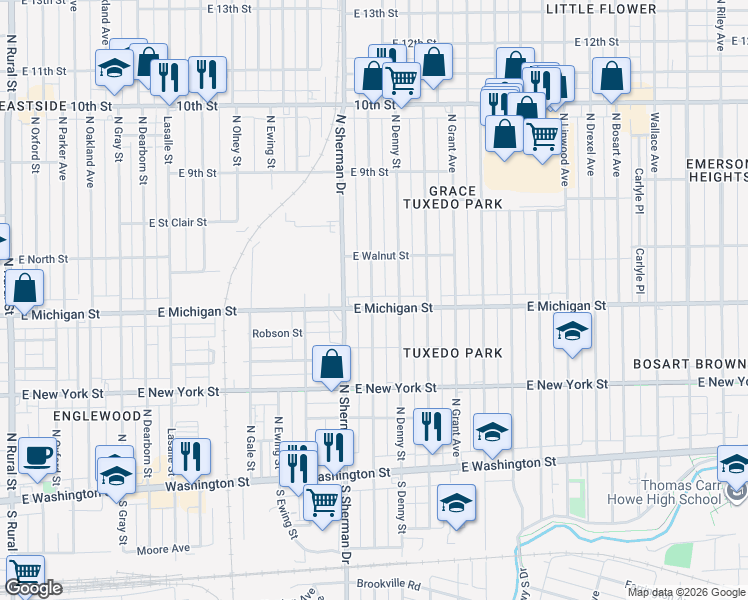 map of restaurants, bars, coffee shops, grocery stores, and more near 528 North Bradley Avenue in Indianapolis