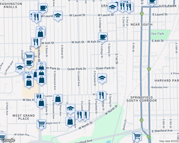 map of restaurants, bars, coffee shops, grocery stores, and more near 2308 South Whittier Avenue in Springfield