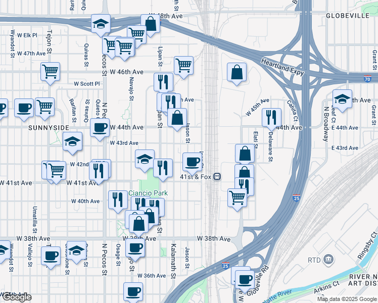 map of restaurants, bars, coffee shops, grocery stores, and more near 1055 West 43rd Avenue in Denver