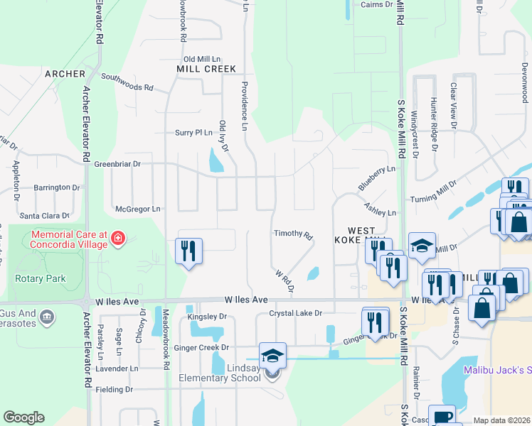 map of restaurants, bars, coffee shops, grocery stores, and more near 2101 West Road Drive in Springfield